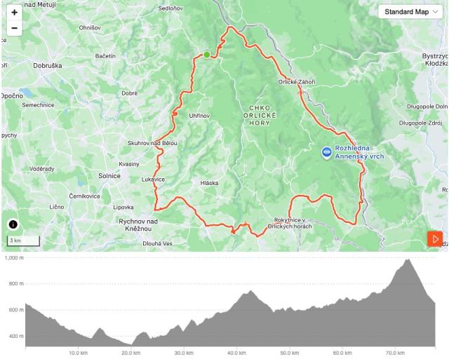 Okruh Road Stage Orlické hory: 77 km s převýšením 1323 metrů, dvě vrchařské prémie (Hanička a Šerlich) a technický sjezd zpět do Deštného.